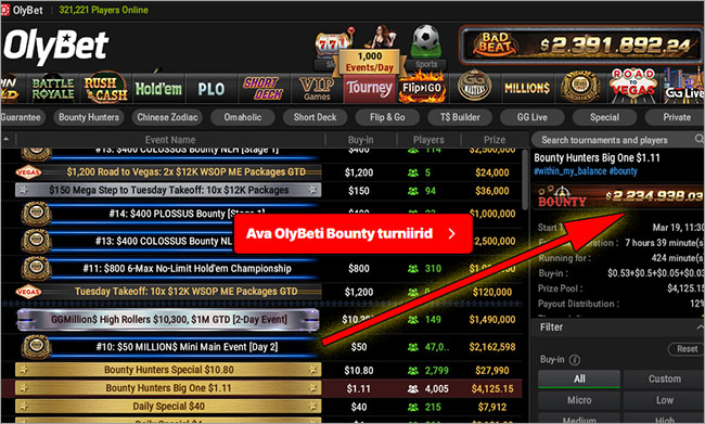 OlyBeti pokkeris kõikidel turniiridel, mis osalevad Bounty jackpotis, on nähtav Bounty jackpoti märge. 