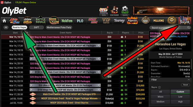 OlyBeti 'Road to Vegas' satelliitide leidmiseks valida pokkeritoa menüüst 'GG Live' ja siis alamenüüst 'Road to Vegas'.