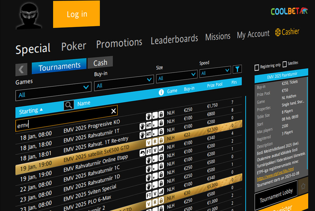 Kuidas registreeruda EMV turniiridele läbi Coolbeti pokkeritoa